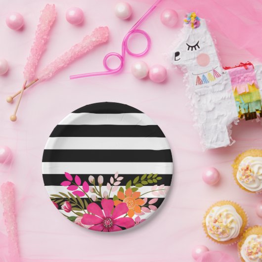 Zwart & Wit Gestreepte Folklore Bloemen | fuchsia Papieren Bordje (Feest)