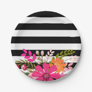 Zwart & Wit Gestreepte Folklore Bloemen fuchsia Papieren Bordje