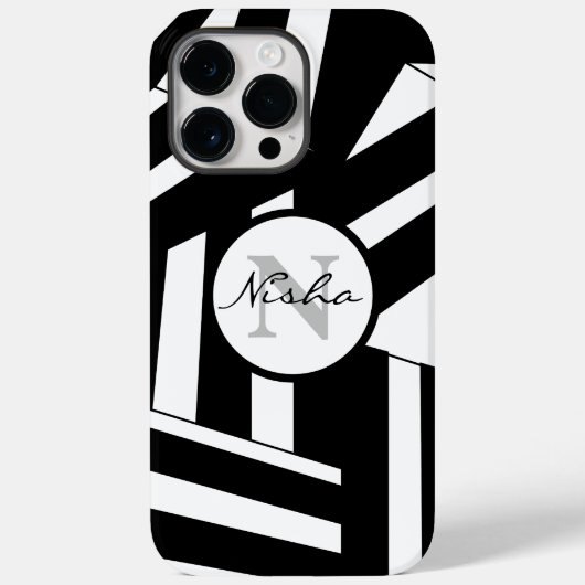 Zwart-wit gestreepte monogramnaam Case-Mate iPhone case (Achterkant)