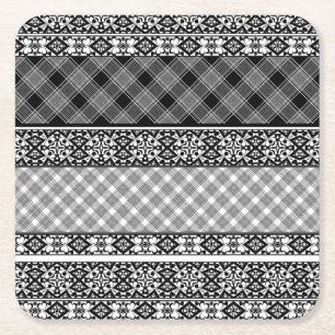 Zwart-wit gestreepte patchwork met kant vierkante kartonnen onderzetter