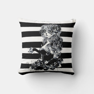 Zwart & Wit Gestreepte Pretty Sugar Skull Meisje Kussen