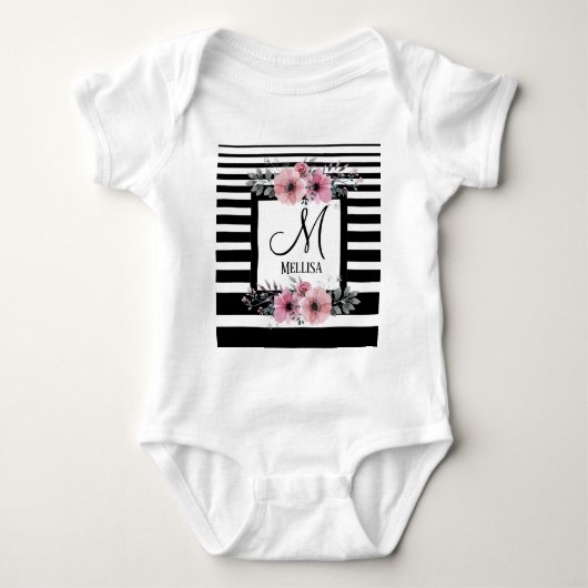 Zwart & Wit Gestreepte Roze Bloemige Monogram Romper (Voorkant)