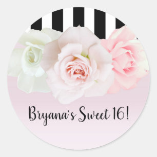 Zwart & Wit Gestreepte Roze Rozen Bruidsdouche Ronde Sticker