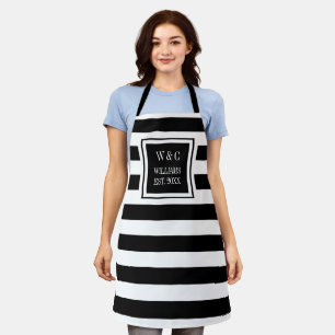 Zwart-wit gestreepte trendy monogram familienaam schort