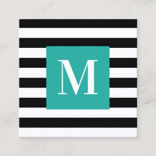 Zwart-wit gestreepte turquoise monogram vierkante visitekaartje
