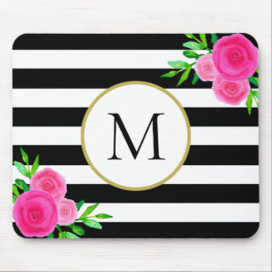Zwart Wit Gestreepte Waterverf Floral Monogram Muismat