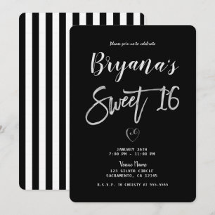 Zwart & Wit Gestreepte Zilver Hart Chic Sweet 16 Kaart