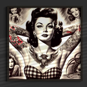 zwart-wit getatoeëerde pin-up tekening poster