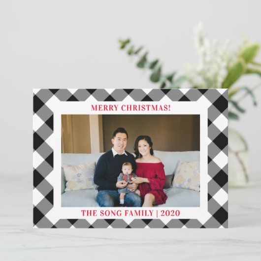 Zwart-wit Gingham Check Afgespeelde Foto Feestdagenkaart (Staand voorkant)