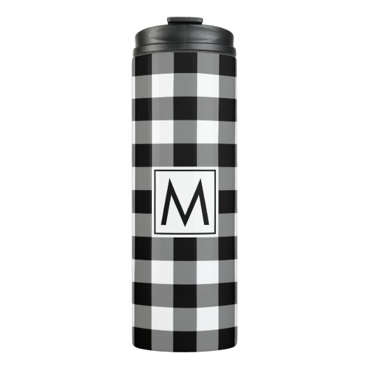 Zwart-wit Gingham Patroon met Monogram Thermosbeker (Voorkant)
