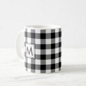 Zwart Wit Gingham Plaid Patroon met Monogram Koffiemok (Voorkant links)