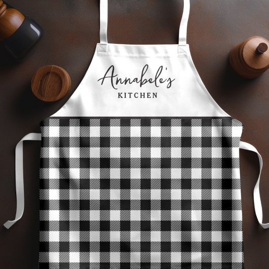 Zwart-wit Gingham Stijlvol Script Schort