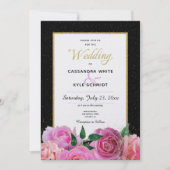 Zwart & Wit Glitter & Roze Rozen Bruiloft Kaart (Voorkant)