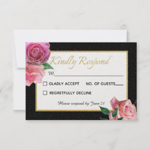 Zwart & Wit Glitter & Roze Rozen Bruiloft RSVP Kaartje