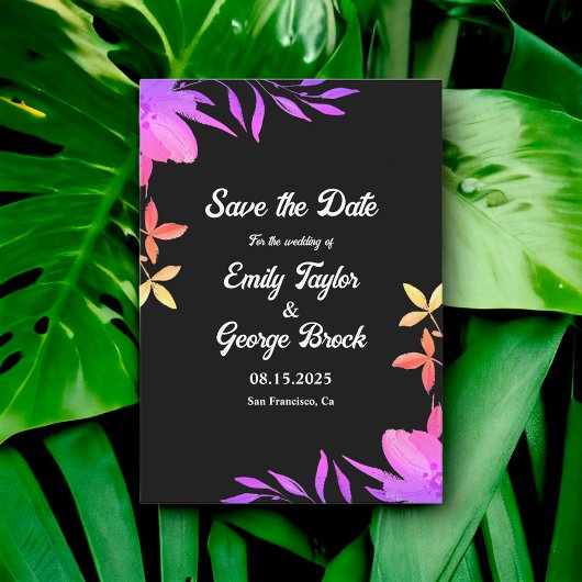 Zwart-wit Glow Neon Kleuren Bloemen Bruiloft Save The Date