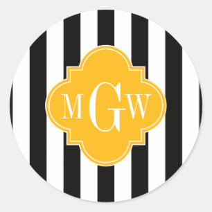Zwart wit Goldenrod Quatrefoil 3 Monogram Ronde Sticker