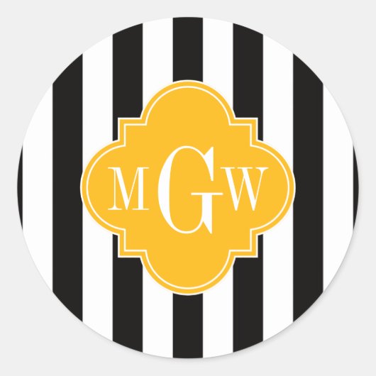 Zwart wit Goldenrod Quatrefoil 3 Monogram Ronde Sticker (Voorkant)