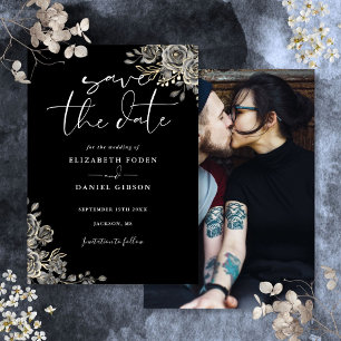 Zwart-wit Gotische Bloemen Foto Bruiloft Save The Date