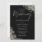 Zwart-wit Gotische Bloemen QR Code Bruiloft Kaart (Voorkant)