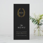 Zwart wit goud blad ovaal monogram bruiloft menu (Staand voorkant)