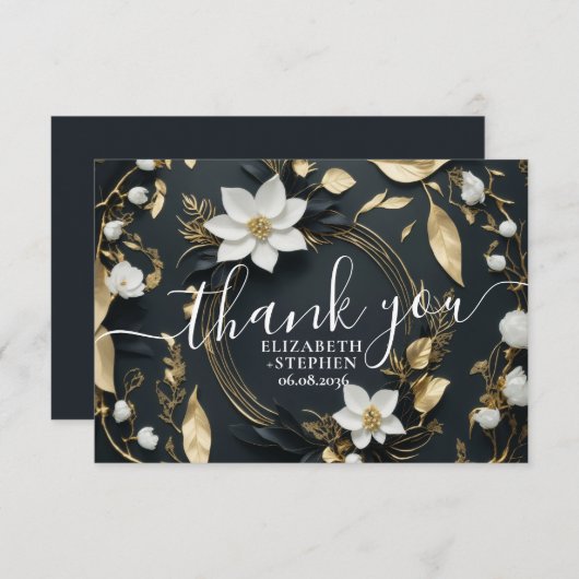 Zwart Wit Goud Bloemen Krans Bruiloft Dank u Bedankkaart (Voorkant / Achterkant)