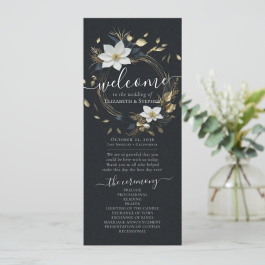 Zwart Wit Goud Bloemen Krans Trouwprogramma Programma (Staand voorkant)
