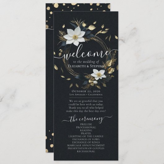 Zwart Wit Goud Bloemen Krans Trouwprogramma Programma (Voorkant / Achterkant)