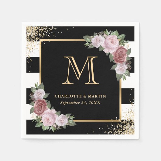 Zwart Wit Goud Bloemen Monogram Bruiloft Servetten (Voorkant)