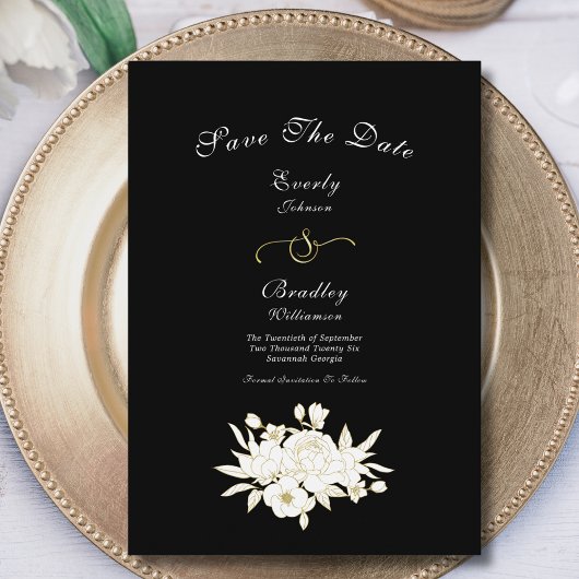 Zwart Wit Goud Bloemen Rozen Elegant Traditioneel Save The Date