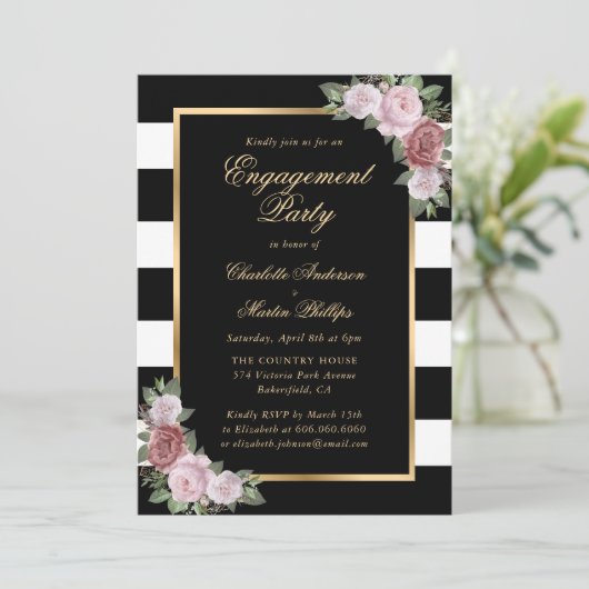 Zwart Wit Goud Blush Bloemen Verlovingsfeest Kaart (Staand voorkant)