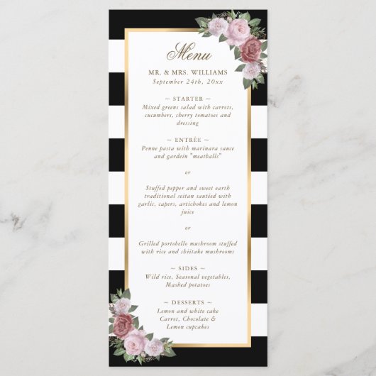 Zwart Wit Goud Blush Roze Bloemen Huwelijk Menu (Voorkant)
