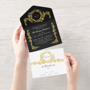 Zwart Wit Goud Botanische Klassieke Krans Trouwen All In One Uitnodiging