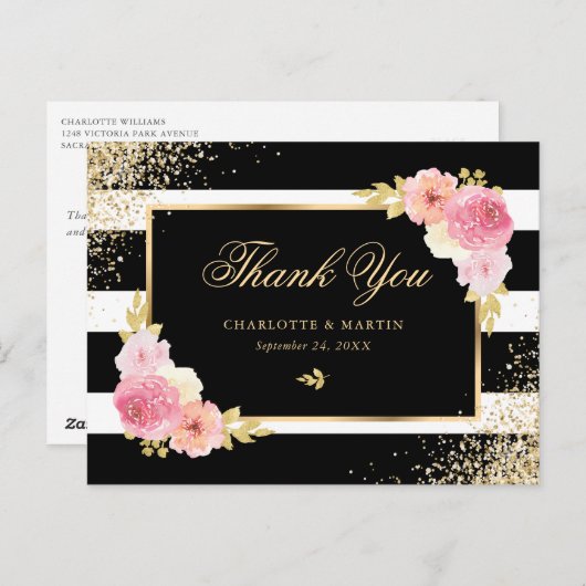 Zwart Wit Goud Confetti Blush Bloemen Dank u Briefkaart (Voorkant / Achterkant)