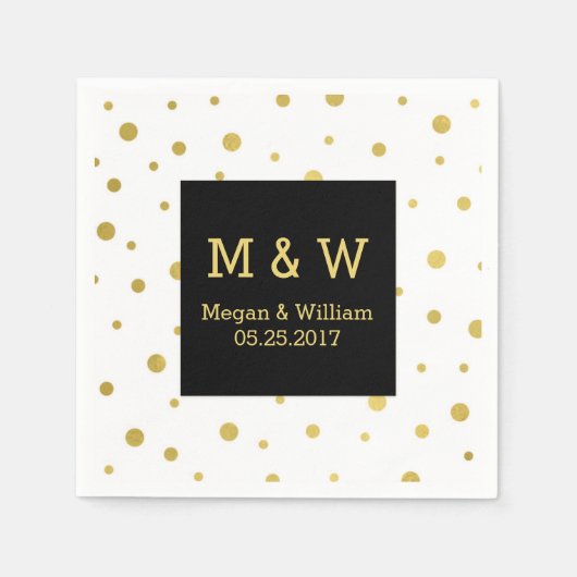 Zwart Wit Goud Confetti bruiloft Monogram Servet (Voorkant)