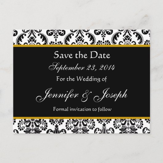 Zwart Wit Goud Damask Save Date Briefkaart (Voorkant)