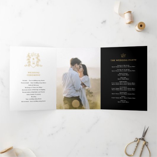 Zwart wit goud foto kroon monogram bruiloft drieluik programma (Binnen)