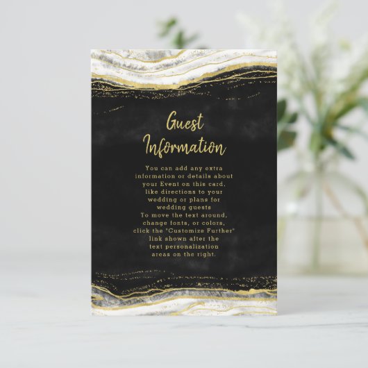 Zwart Wit & Goud Geode Agaat Bruiloft Informatie Informatiekaartje (Staand voorkant)