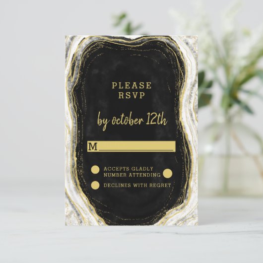 Zwart Wit & Goud Geode Agaat Bruiloft RSVP Antwoor (Staand voorkant)