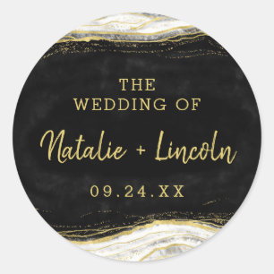 Zwart Wit & Goud Geode Agaat Monogram Bruiloft Ronde Sticker
