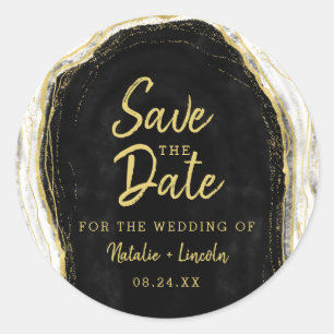 Zwart Wit & Goud Geode Agaat Slice Save the Date Ronde Sticker