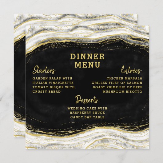 Zwart Wit & Goud Geode Agaat Slice Vierkant Diner Menu (Voorkant / Achterkant)