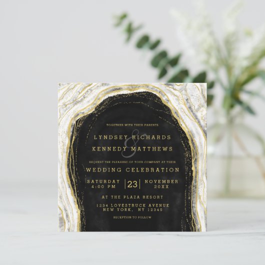 Zwart Wit & Goud Geode Slice Bruiloft Vierkant Kaart (Staand voorkant)