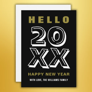 Zwart Wit Goud Hallo Gelukkig Nieuwjaar Typografie Feestdagenkaart