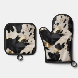 Zwart Wit Goud Koeienhuid Ovenwant & Pannenlap Set