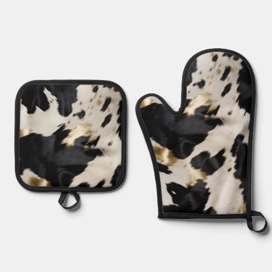 Zwart Wit Goud Koeienhuid Ovenwant & Pannenlap Set (Voorkant)