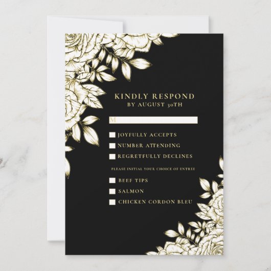 Zwart Wit Goud Minimale Moderne Chique Bloemen RSV Kaart (Voorkant)