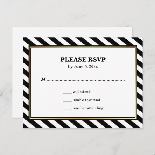 Zwart Wit Goud Modern Glam Stripes RSVP Uitnodiging Briefkaart (Voorkant / Achterkant)