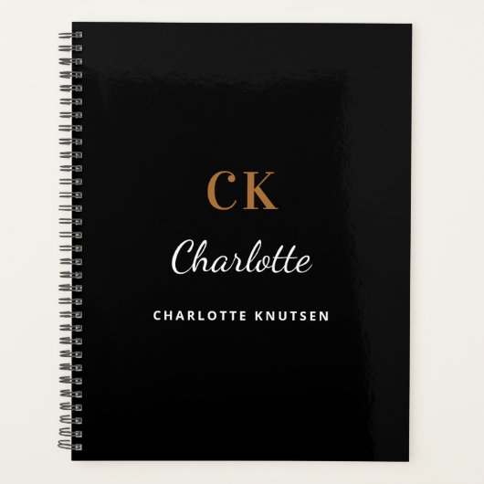 Zwart wit goud monogram initialen naam planner (Voorkant)