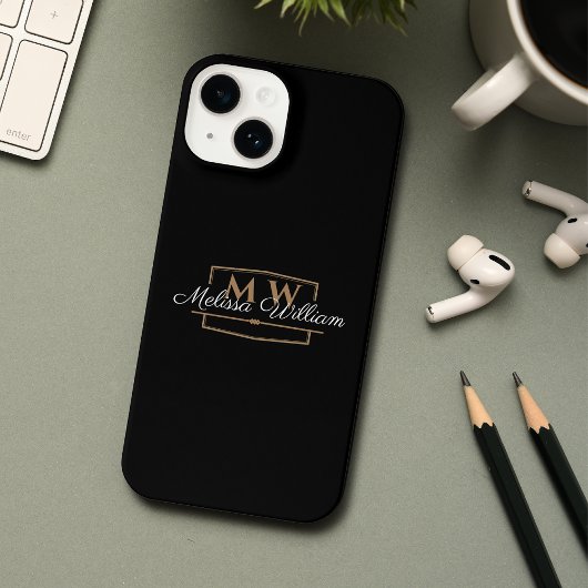 Zwart Wit Goud Monogram Naam Script iPhone Hoesje