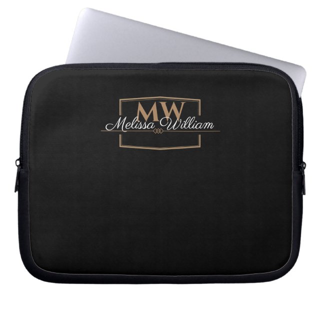 Zwart Wit Goud Monogram Naam Script Laptop Sleeve (Voorkant)